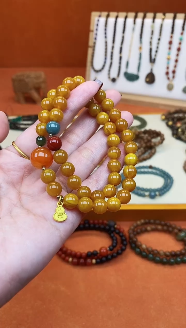 手链蜜蜡未镶嵌08老蜡蓝水盐源双圈手串