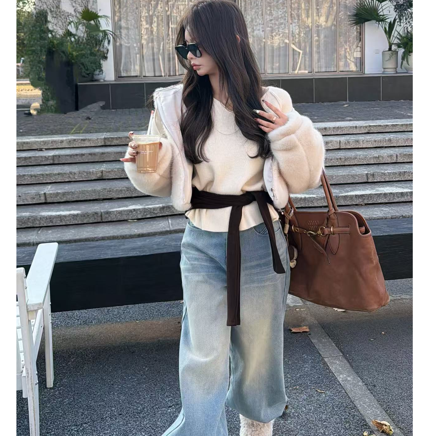 【YKL】极简主义 米杏袖口可拆卸毛衣复古浅蓝加绒直筒裤连帽奶fufu