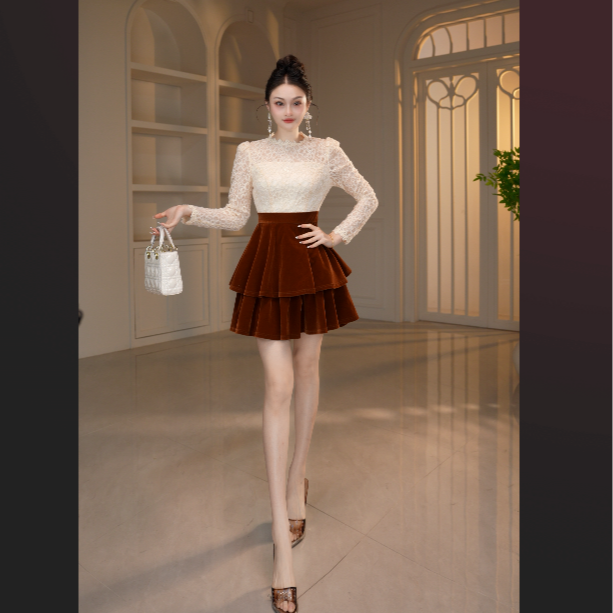 【冯艳定制】法式咖色显瘦A字皮裙高腰百褶裙显瘦百搭短裙61365