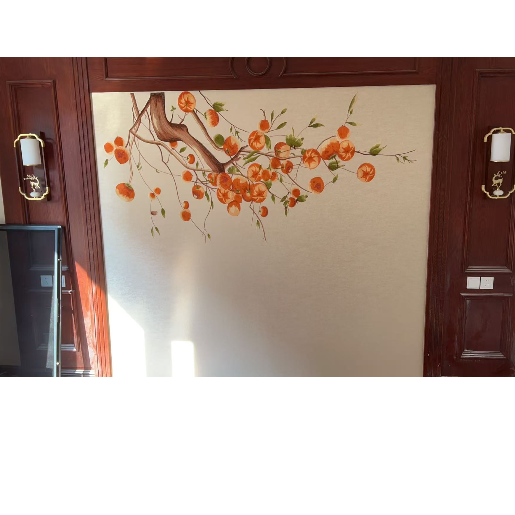 现代中式风格刺绣墙布柿柿如意适用于卧室电视背景墙尺寸可定制