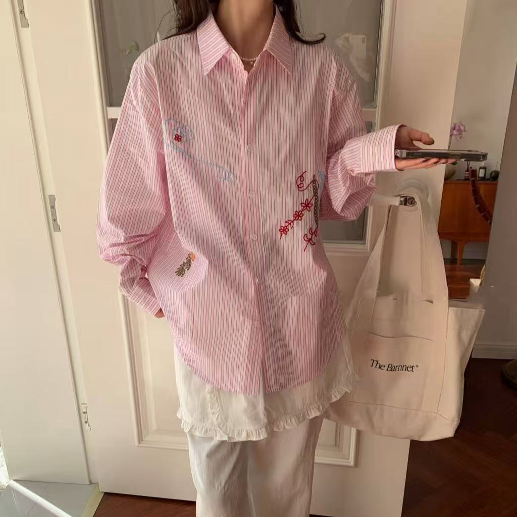 FUJIA STYLE新款休闲韩版气质条纹图案长袖翻领衬衫C2538