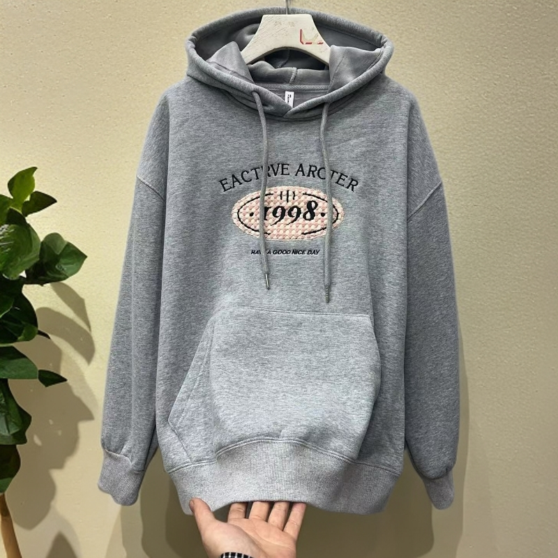 22812#【衣长65左右】秋冬款连帽1998刺绣宽松休闲百搭加绒卫衣