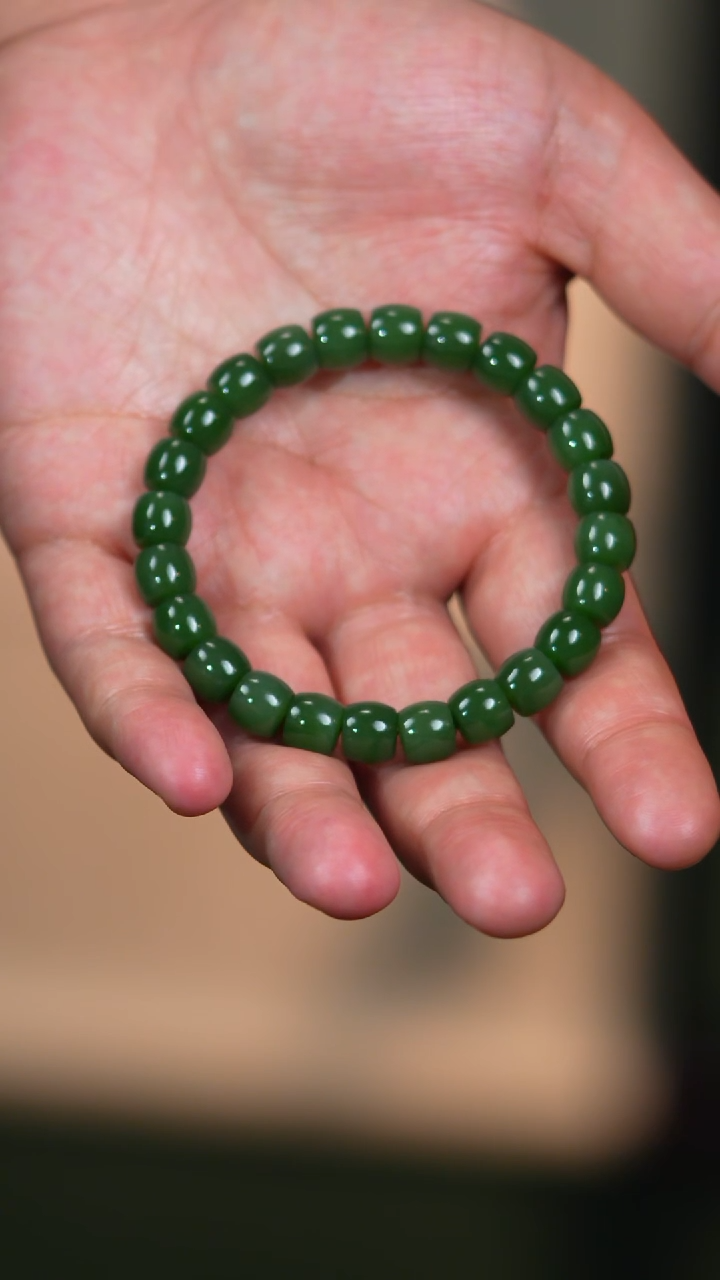 手链未镶嵌和田玉9mm碧玉俄碧菠菜绿