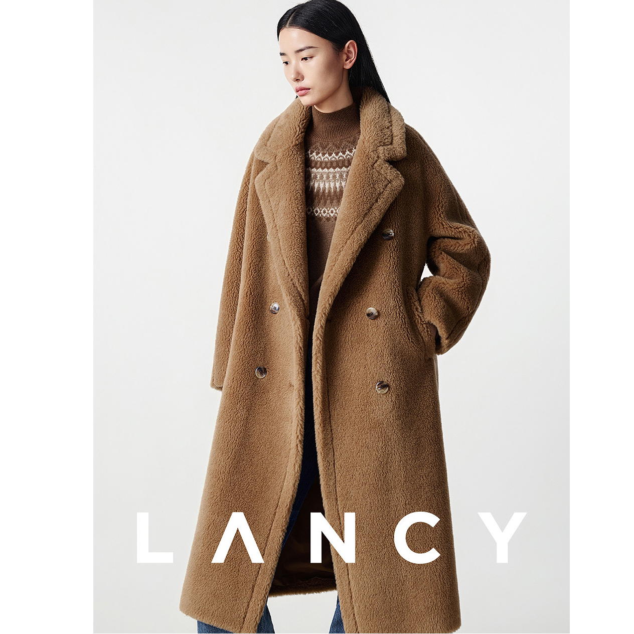LANCY/朗姿冬季新款双排扣泰迪熊长款大衣气质外套显瘦