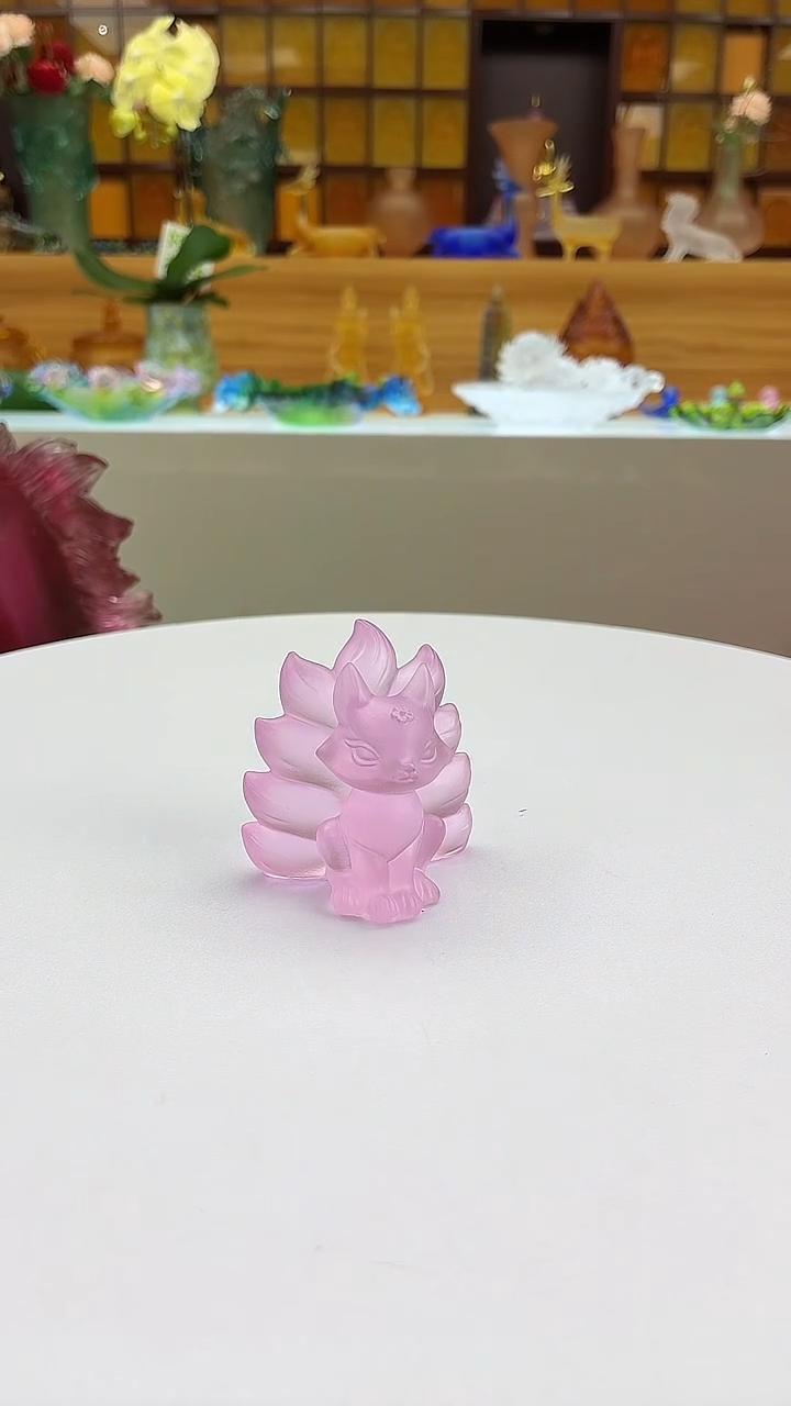 手工艺品琉璃粉色九尾狐茶宠小摆件5*5公分