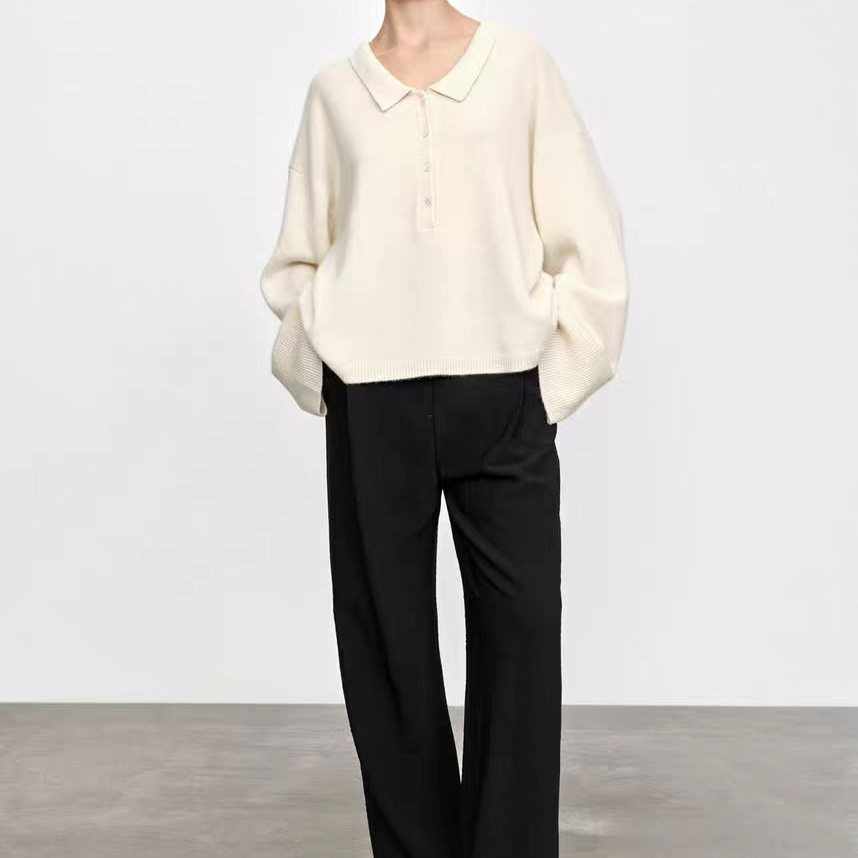 羊绒长袖648秋季新款简约百搭宽松Polo领落肩款羊绒针织衫毛衣