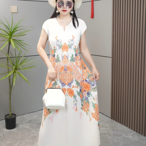 【文文家】SK202轻奢女装#圆领龙鳞褶印花无袖连衣裙