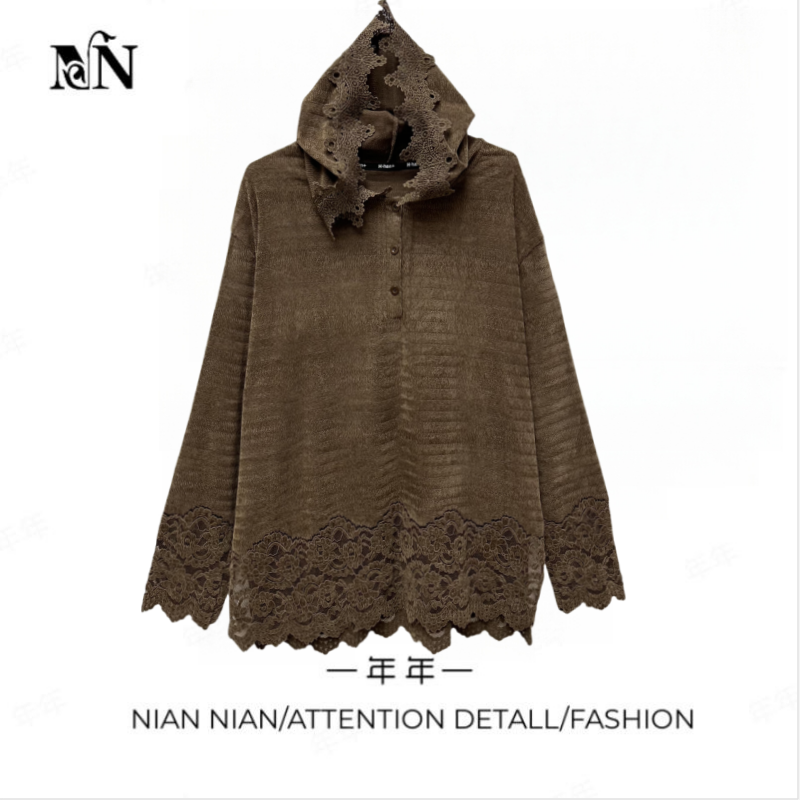 〖顾屿海棠〗年年2025春季新款连帽蕾丝下摆重工刺绣中长款长袖T恤