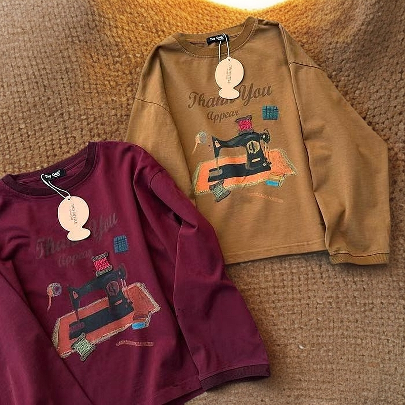 小鱼仔复古日系手工缝纫机宽松休闲长袖T