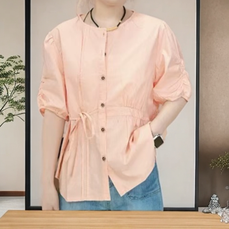 8572设计款圆领衬衫女夏天短袖小众设计感轻奢纯棉洋气简约上衣