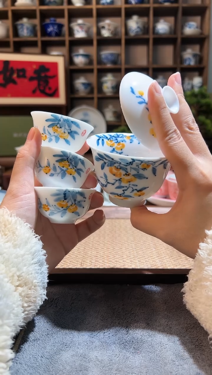 【闪购商品】手绘柿子二才盖碗+送3个客杯