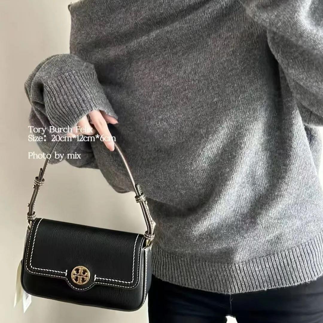 Tory Burch/汤丽柏琦黑色明线大金扣单肩包1440200123 20*6*12