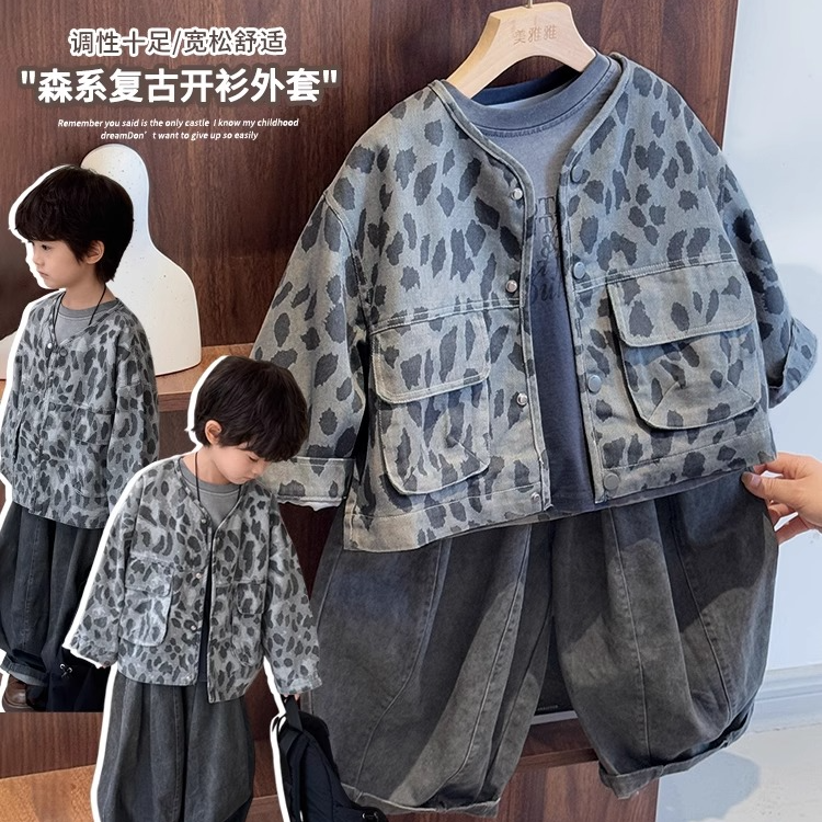 男童春新款韩版男童女童豹纹双层V领洋气潮服外套儿童男童潮服