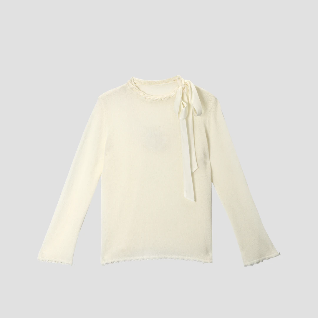 法式编织圆领白色羊毛针织衫长袖飘带气质简约显瘦套头毛衣打底