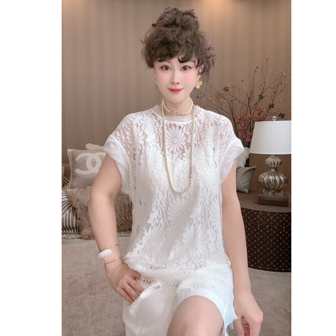 【JDRQ】洋气减龄镂空蕾丝钩花落肩上衣90509-1