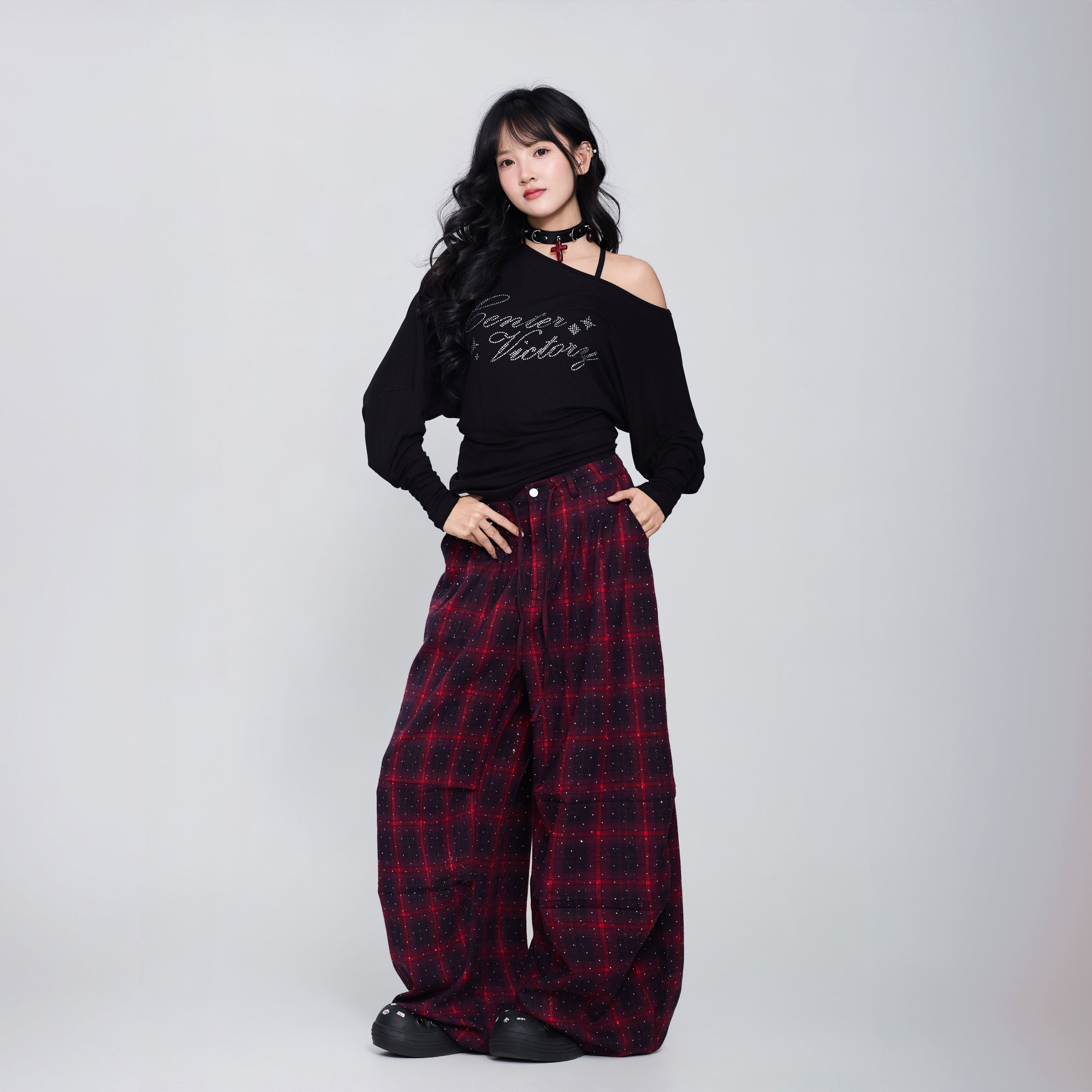 【达人专属】CV新广场舞潮牌闪钻红格子山本裤百搭设计感时尚裤子