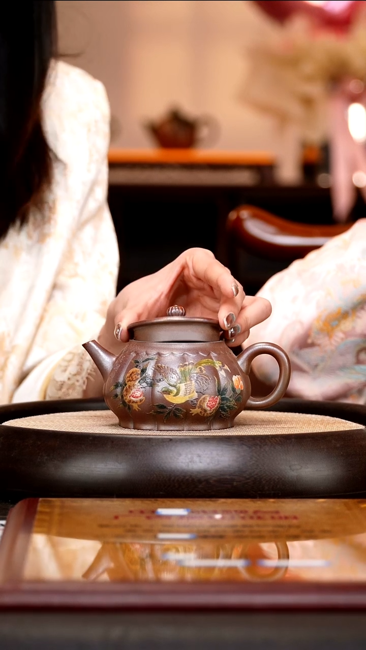茶壶紫砂CH77 筋纹花蕾  紫檀泥柴烧  