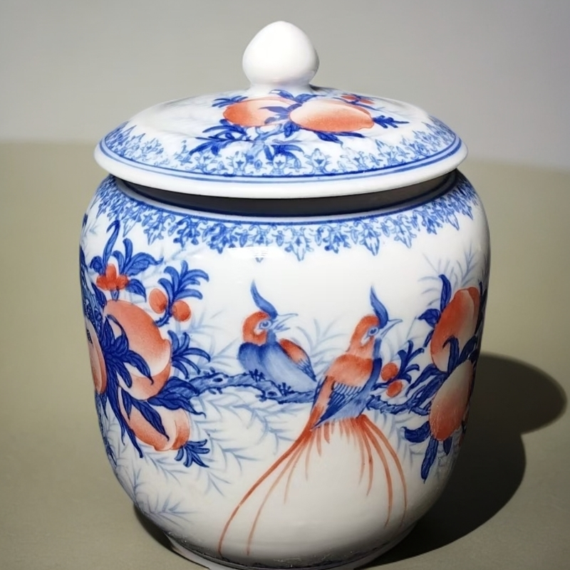 老瓷厂陶瓷手绘青花釉里红延年益寿盖罐青花瓷物件储存缸直筒罐