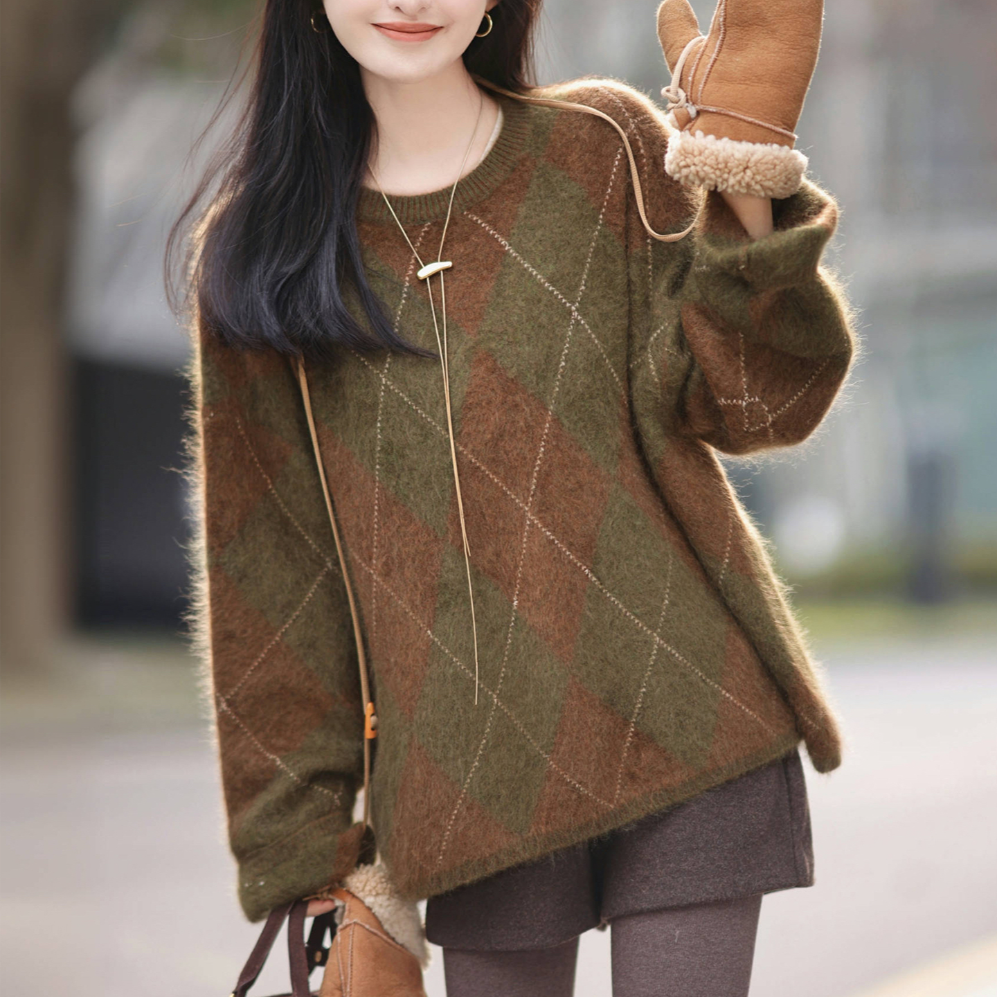 【DA喜同款】100%纯山羊绒衫拉绒加厚圆领毛衣女外套宽松格子打底