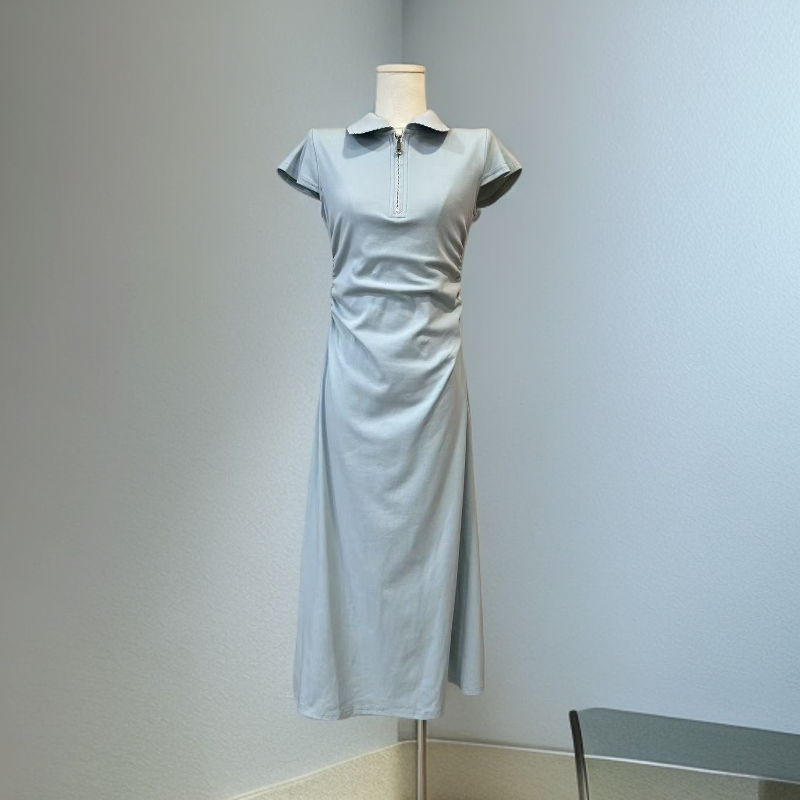 1220小飞袖翻领连衣裙女装气质显瘦纯色连衣裙