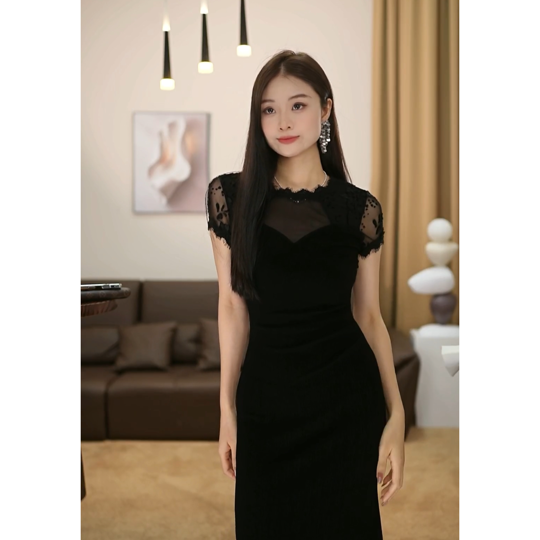 【爱笑】戛纳之夜 夏季新款优雅气质蕾丝醋酸显瘦连衣裙-VG0200