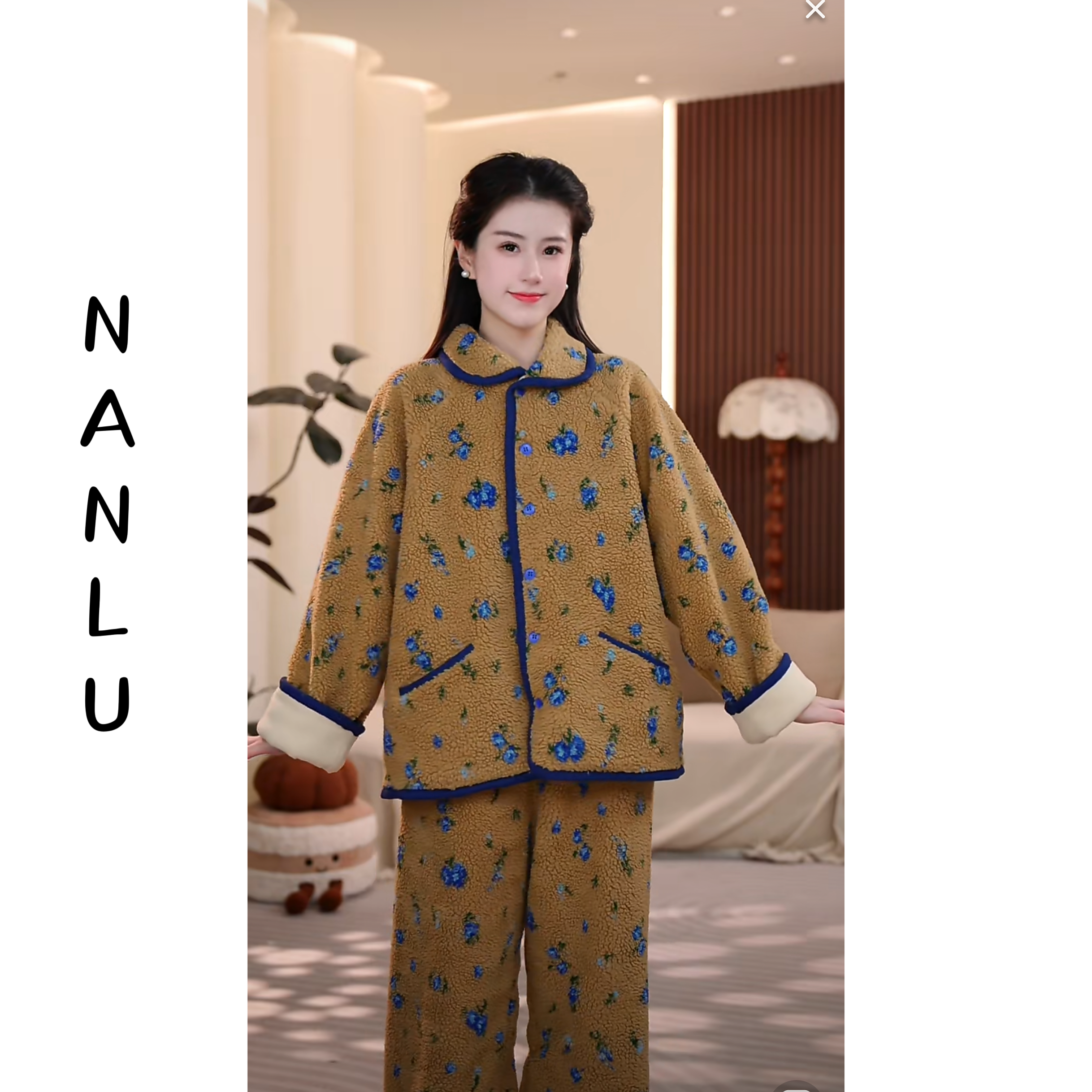 焦糖蓝樱双面烫光热力绒一套过冬日常可外穿睡衣居家显白