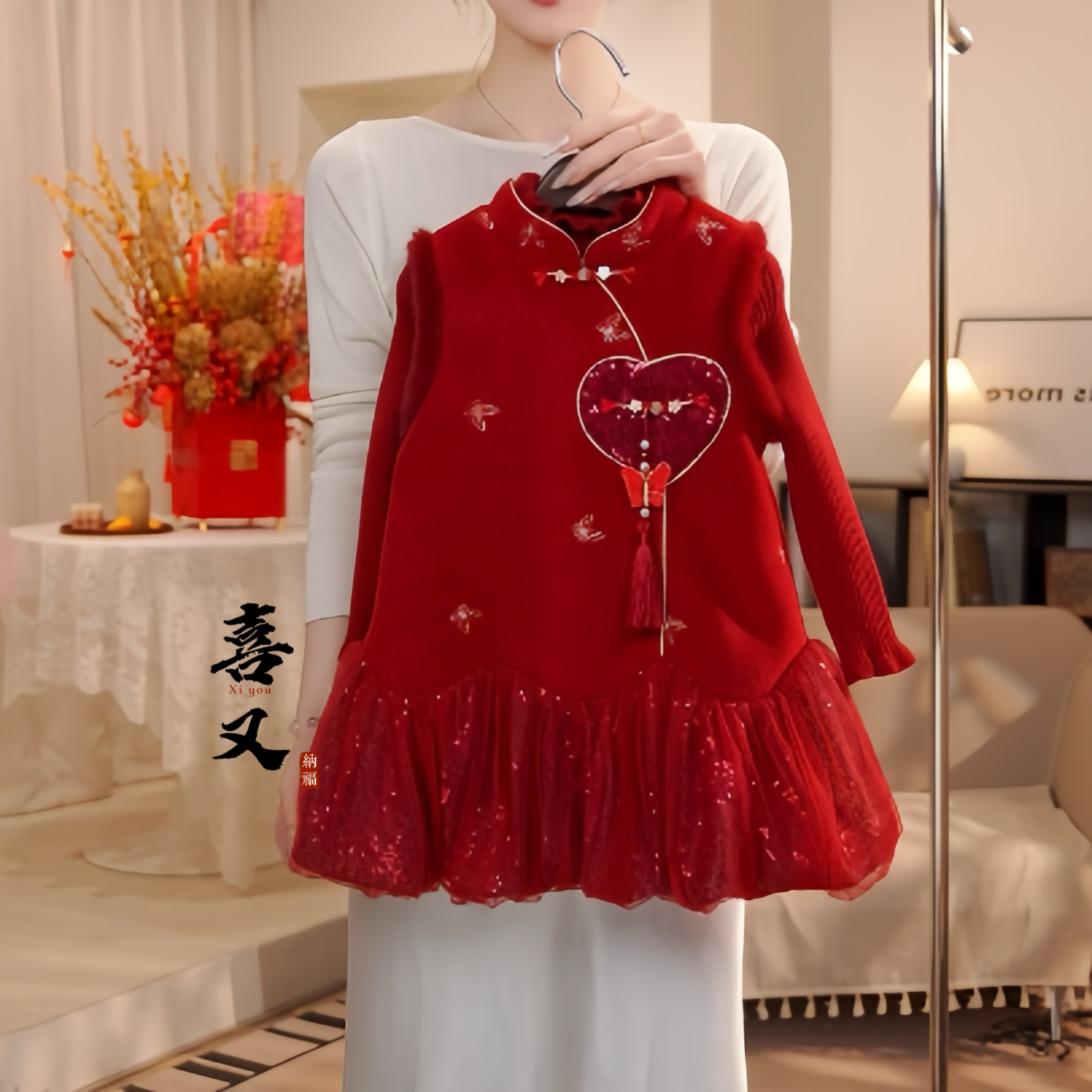 長樂 25冬季新款女童新中式提花加绒连衣裙国风背心裙拜年服25977