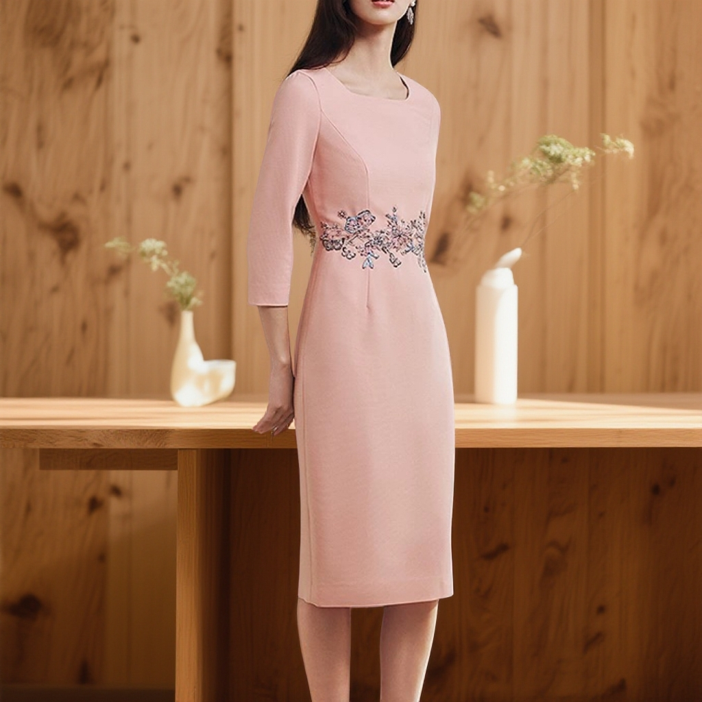 歌中有梦2025年秋季简约粉色方领立体绣花优雅气质显瘦连衣裙
