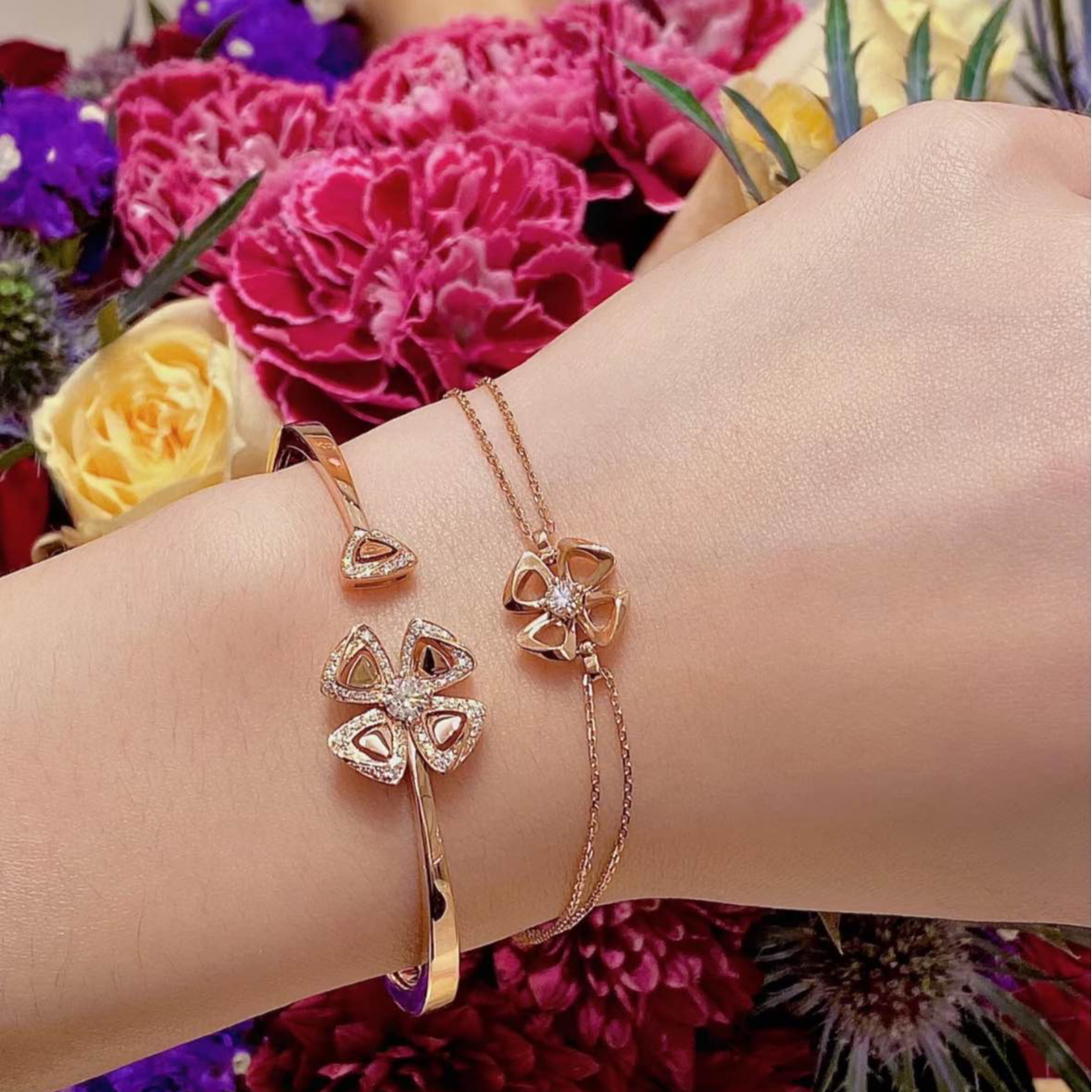 99新 BVLGARI/宝格丽 小花6珊 FIOREVER 咏绽手镯 玫瑰金 S码19年