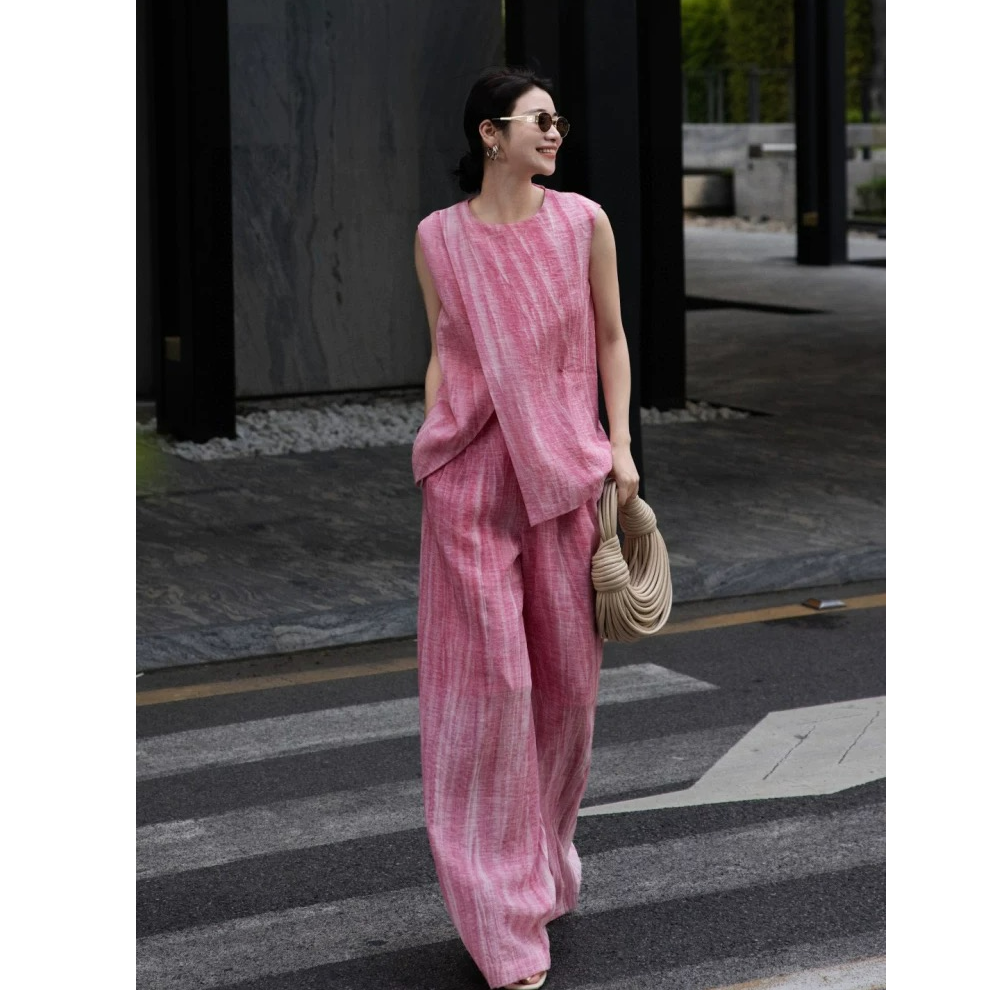 夏装一整套独特绝美巨好看气质高端粉色扎染套装