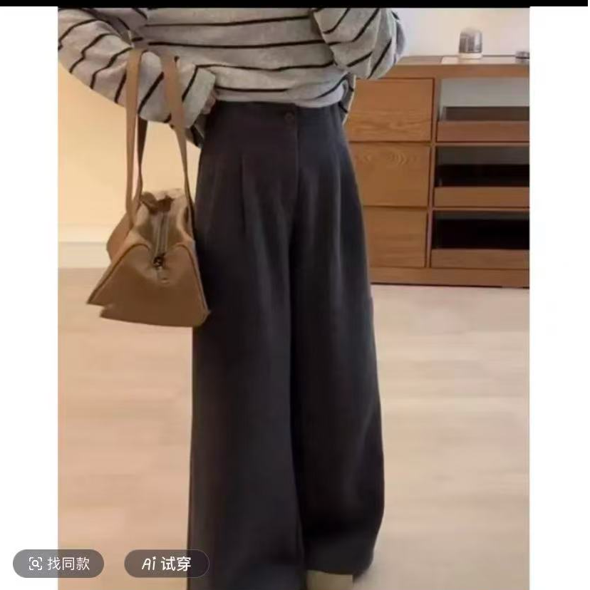 【加绒加厚】慵懒高级感灰色毛呢裤子女款高腰直筒裤