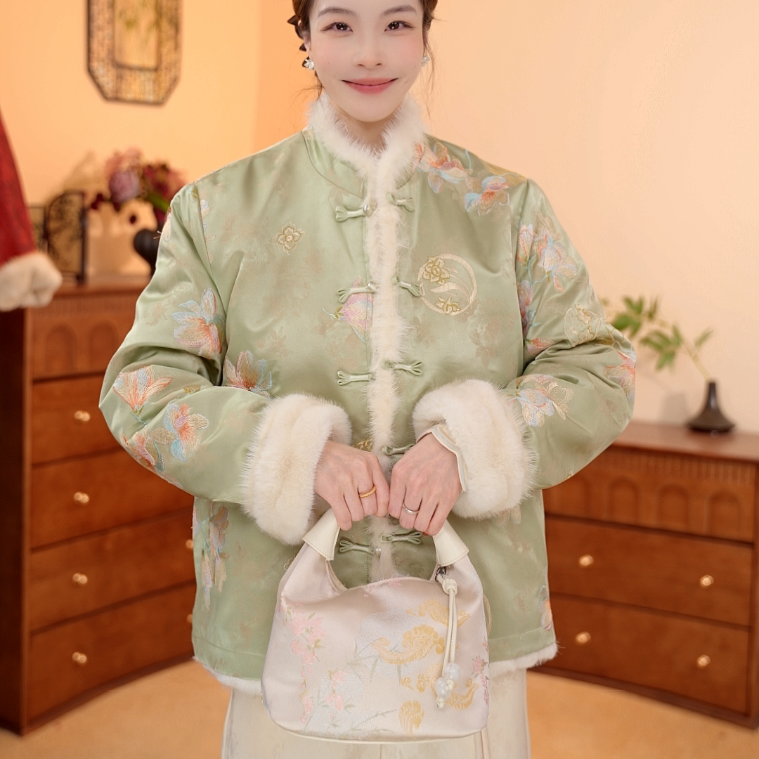 青荷烟雪｜新中式国风加绒加厚水貂毛刺绣双面穿外套-6430