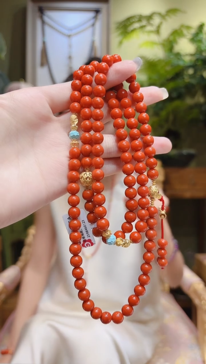 【闪购商品】南红玛瑙手串18K金镶嵌金三通南红手串项链108