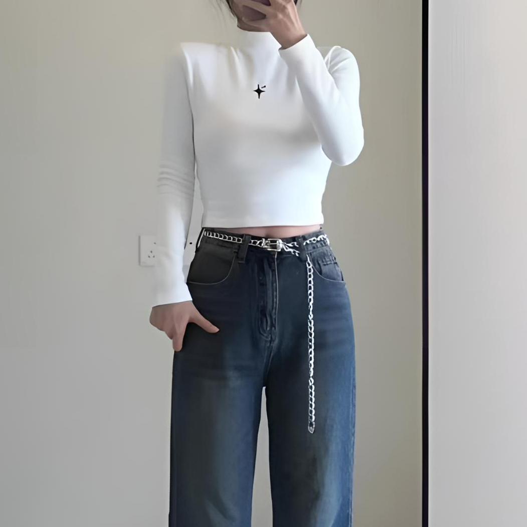 纯欲风白色半高领打底衫女秋冬内搭长袖t恤修身显瘦短款上衣刺绣 