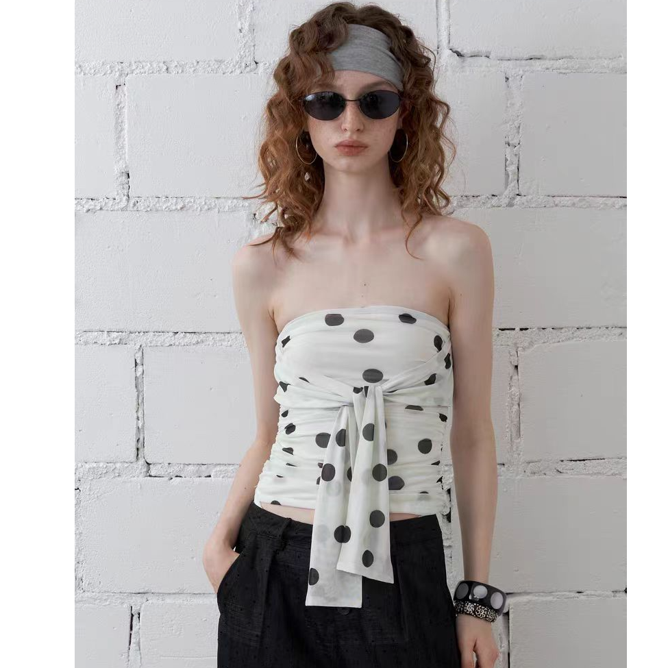 2AM POETRY 25ss设计师品牌【output】趣味波点绑带褶皱感抹胸上衣 