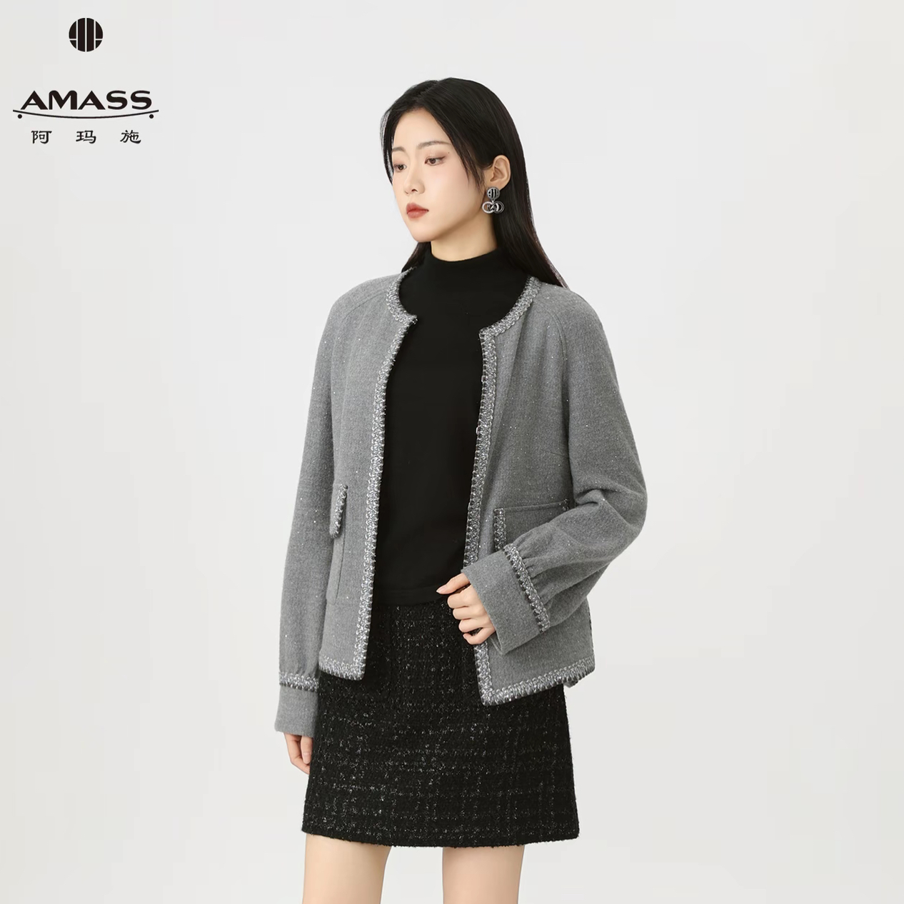 AMASS/阿玛施小香风上衣短款毛呢外套圆领常规袖直下摆5400312