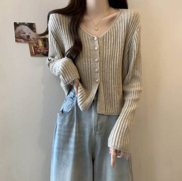 （707）2025春秋新款韩版小香风V领宽松显瘦长袖单排扣针织开衫女