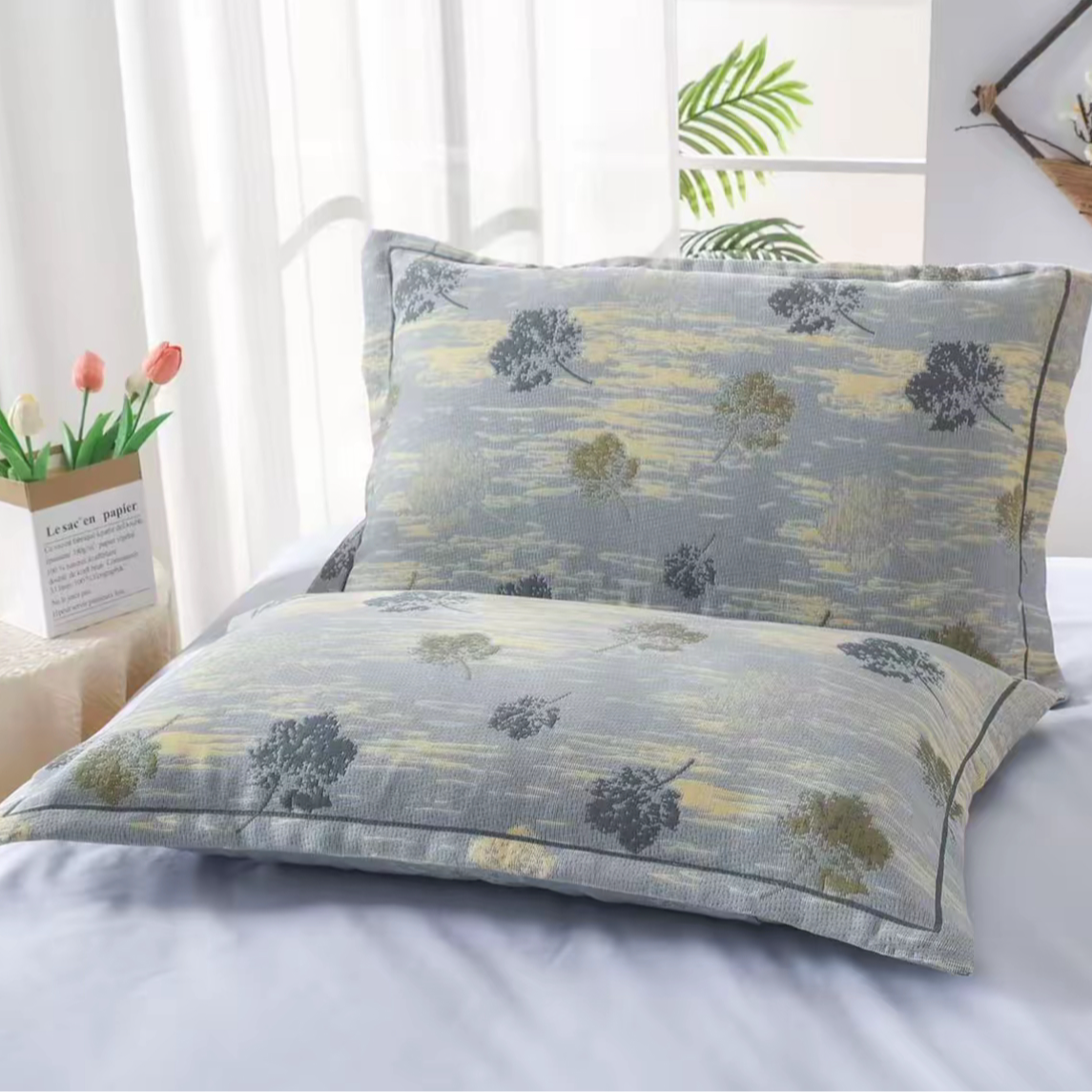 纯棉加厚纱布提花枕套一对装防滑枕头套枕芯套-枫婉