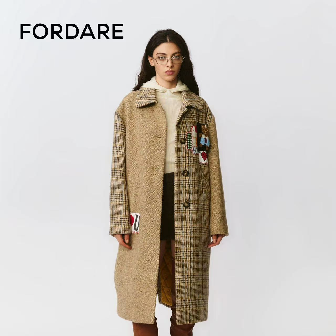 FORDARE/福蝶25秋冬复古拼布领带小熊羊毛大衣2999