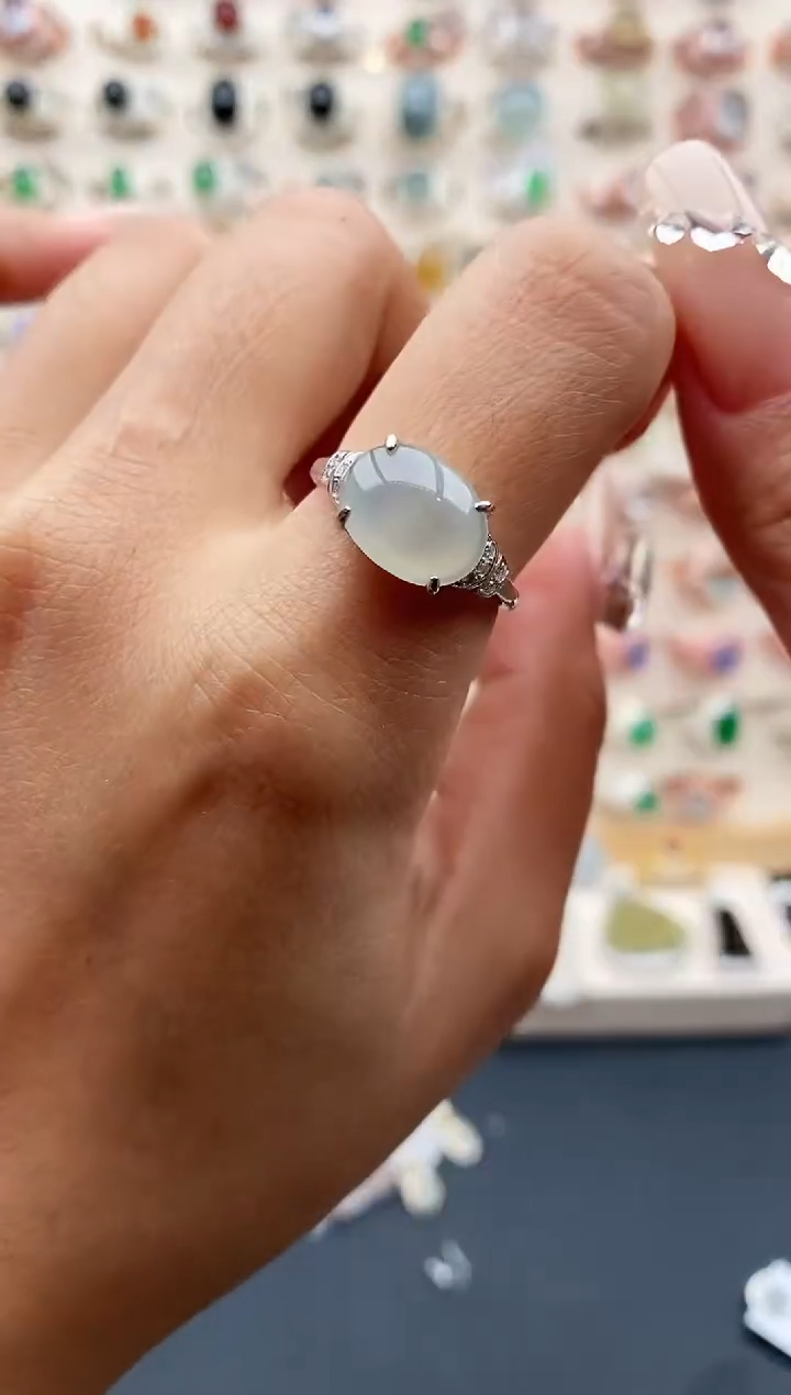 【闪购商品】翡翠戒指银S925镶嵌缅甸天然A货翡翠111  3+4