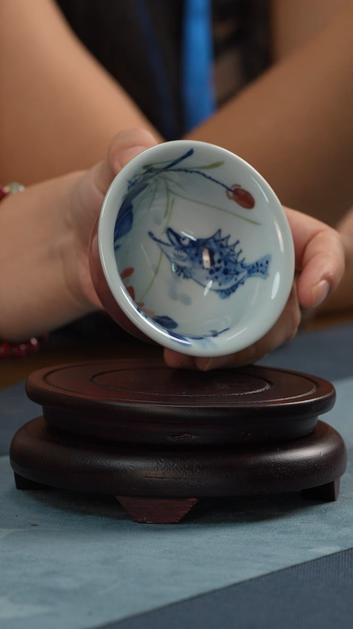 杯子芥*景德镇手工手绘豇豆红内绘和为贵压手杯