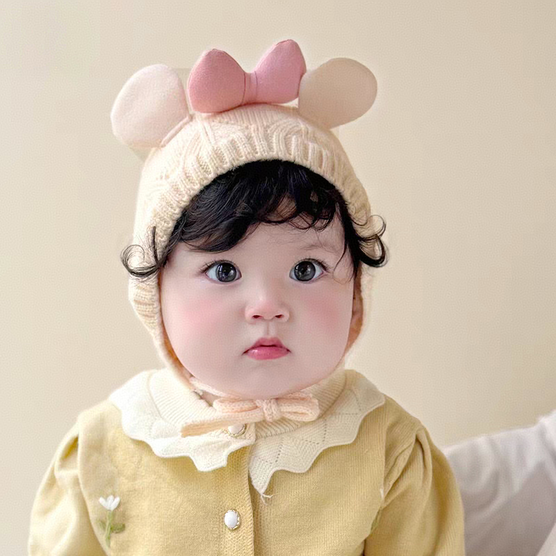 婴儿帽子秋冬季可爱甜美女宝宝针织护耳帽套头帽双层保暖毛线帽冬