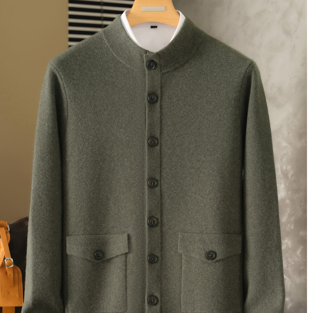 新品男士100%纯山羊绒半高领单排扣休闲百搭圆领时尚纯色秋冬毛衣