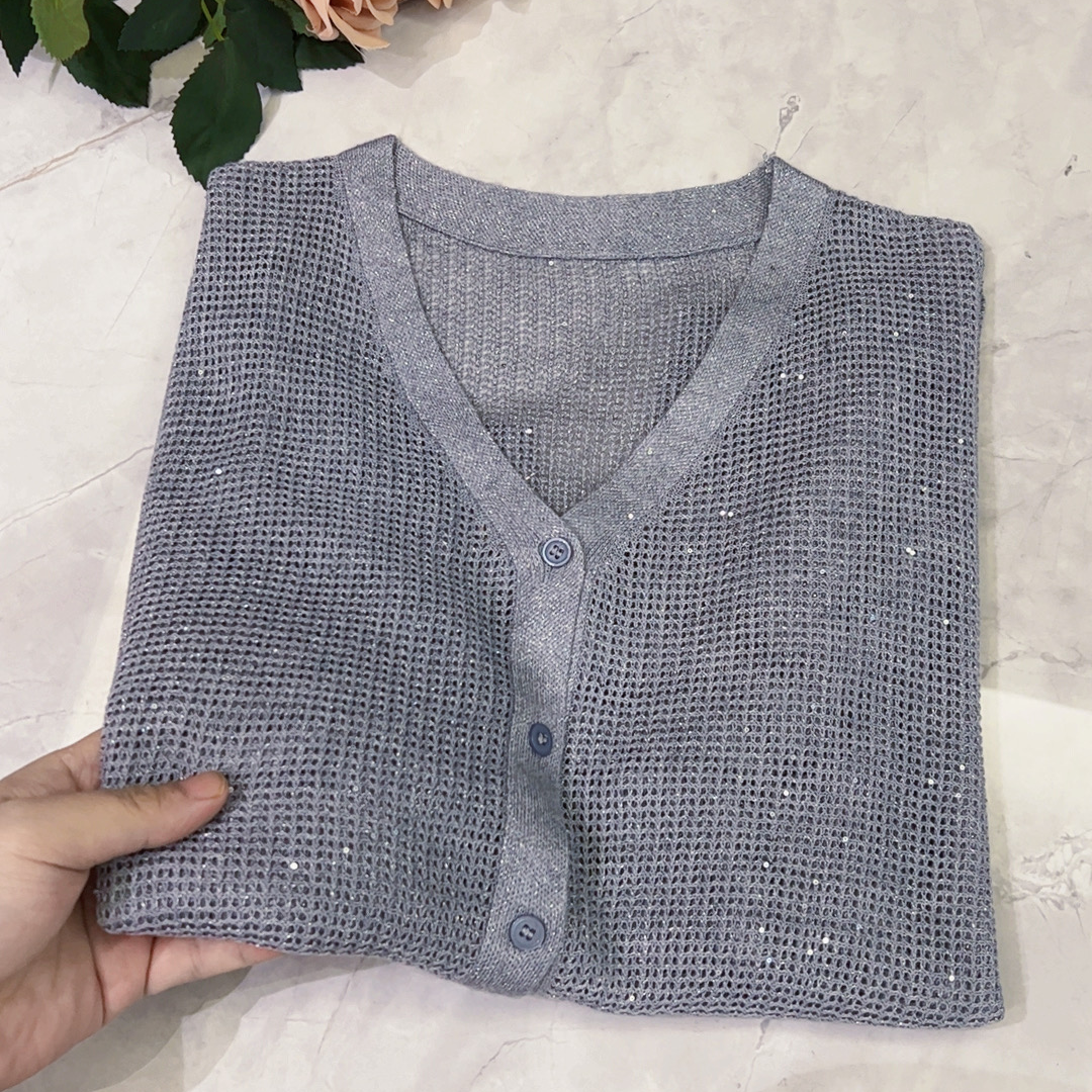 灰色亮片~夏季和纸纱开衫防晒长袖时尚镂空百搭薄款上衣