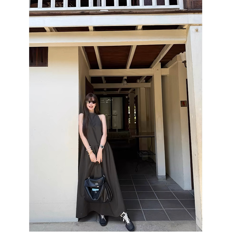 清仓幸子小姐/加长度假削肩挂脖收腰显瘦背心裙长裙女 SU099