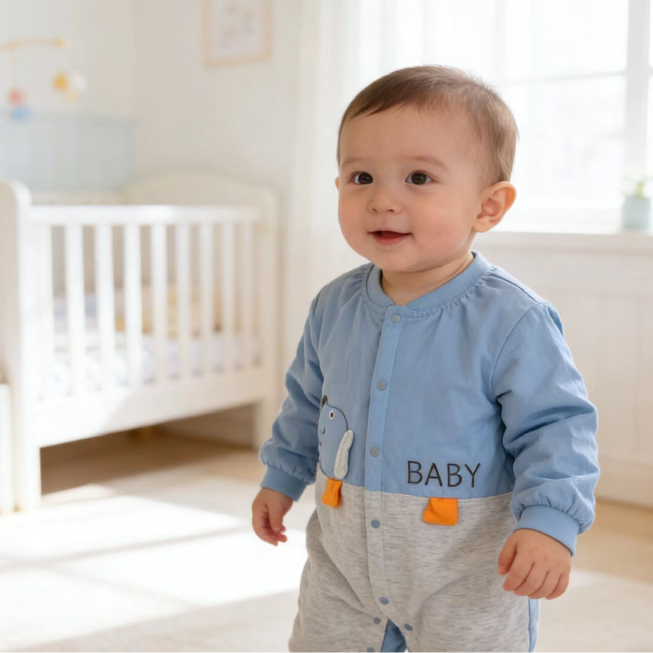 蓝灰拼接小狗连体哈衣