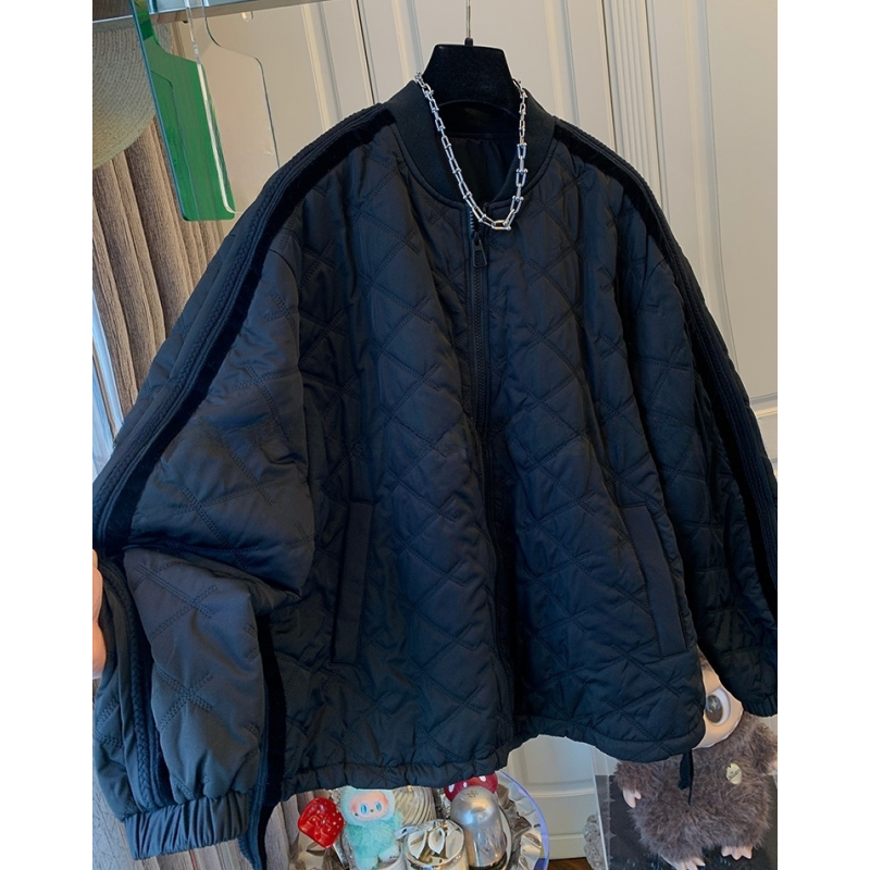 02772独特气质黑色菱格圆领棉服棉衣宽松休闲外套上衣女装冬季款