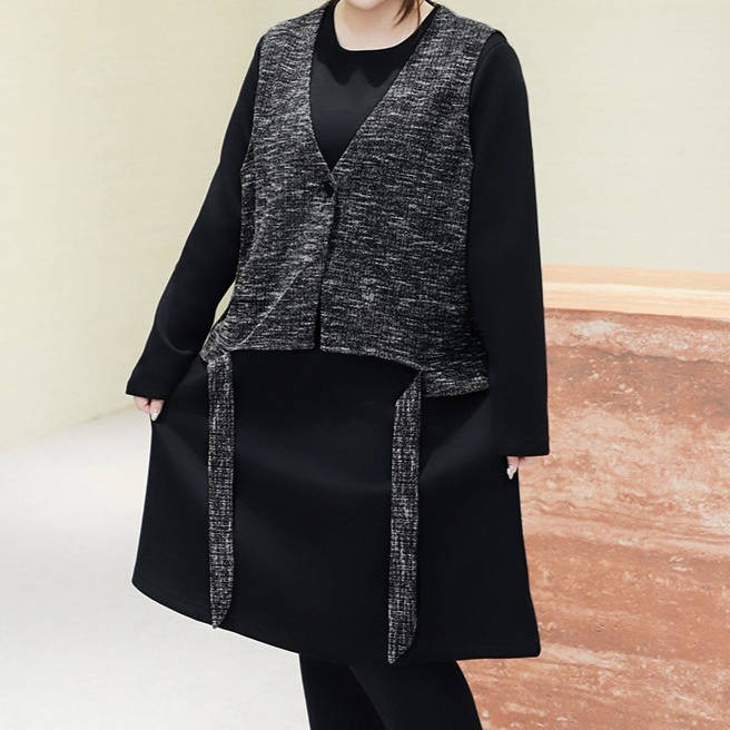 大码女装300斤胖MM休闲撞色圆领长袖裙子马甲套装5360