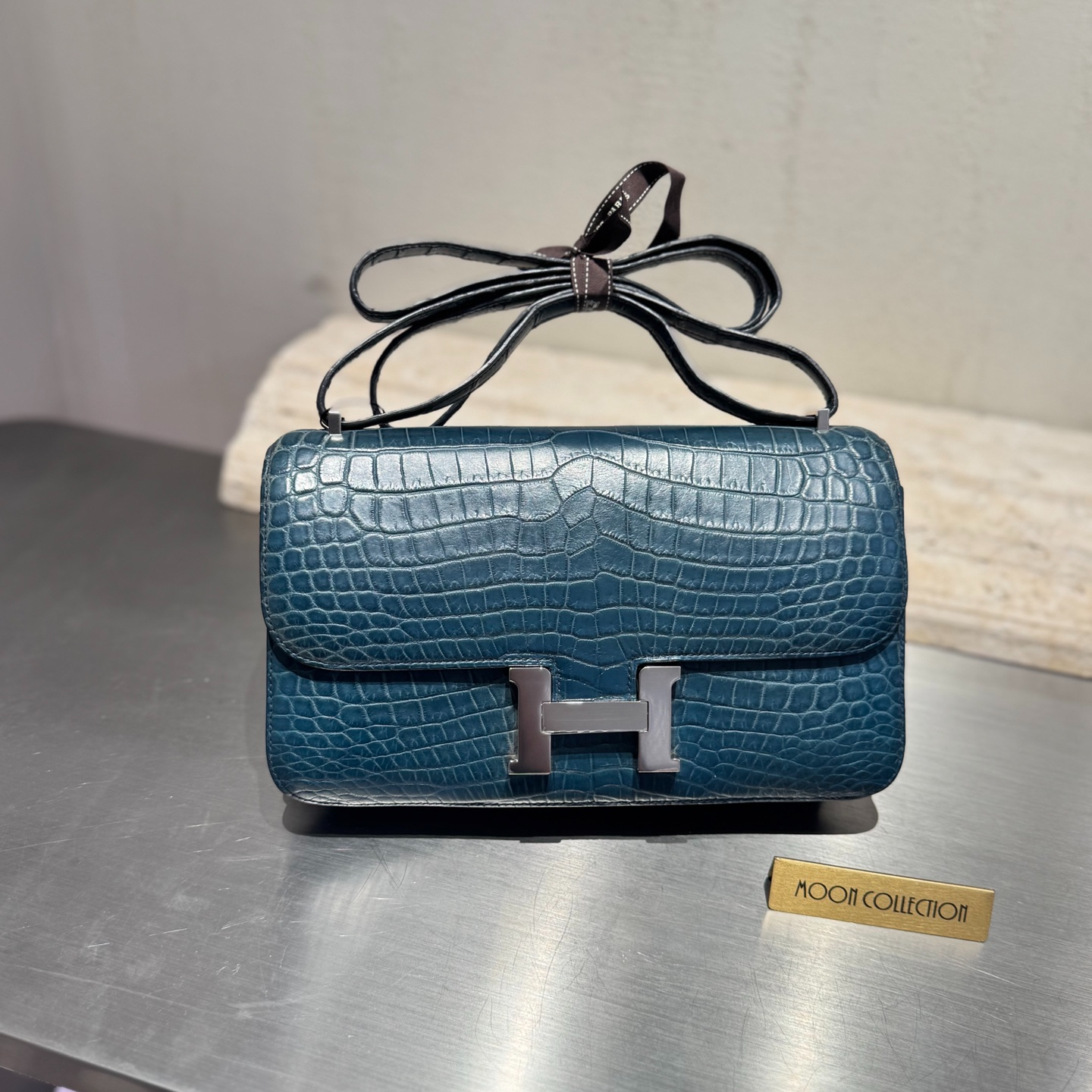 99新 Hermes/爱马仕 二手康康Elan 雾面两点鳄鱼 风暴蓝 银扣Q刻 