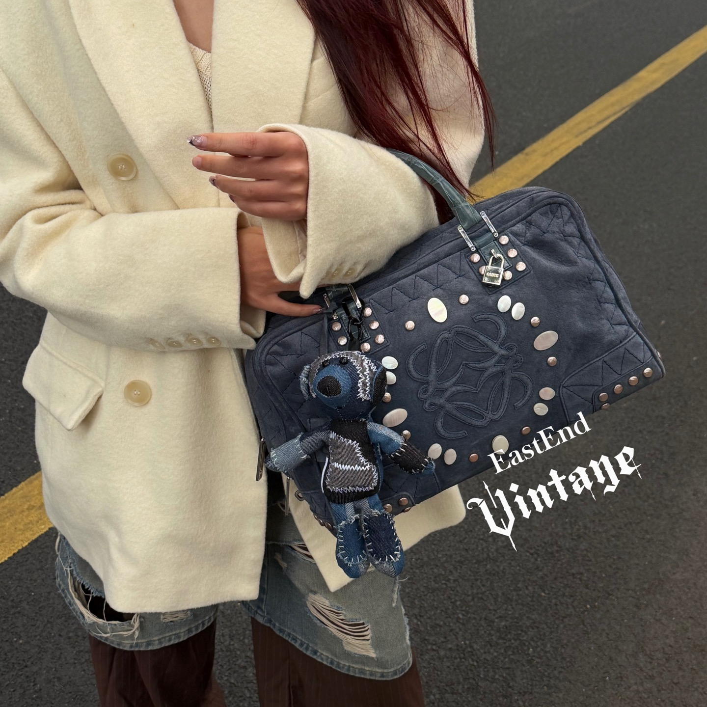 95新 LOEWE/罗意威 東区-牛仔蓝麂皮稀有贝母手提包/86589